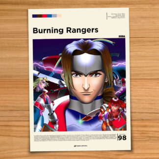Gallery-style Burning Rangers poster on a wood table background