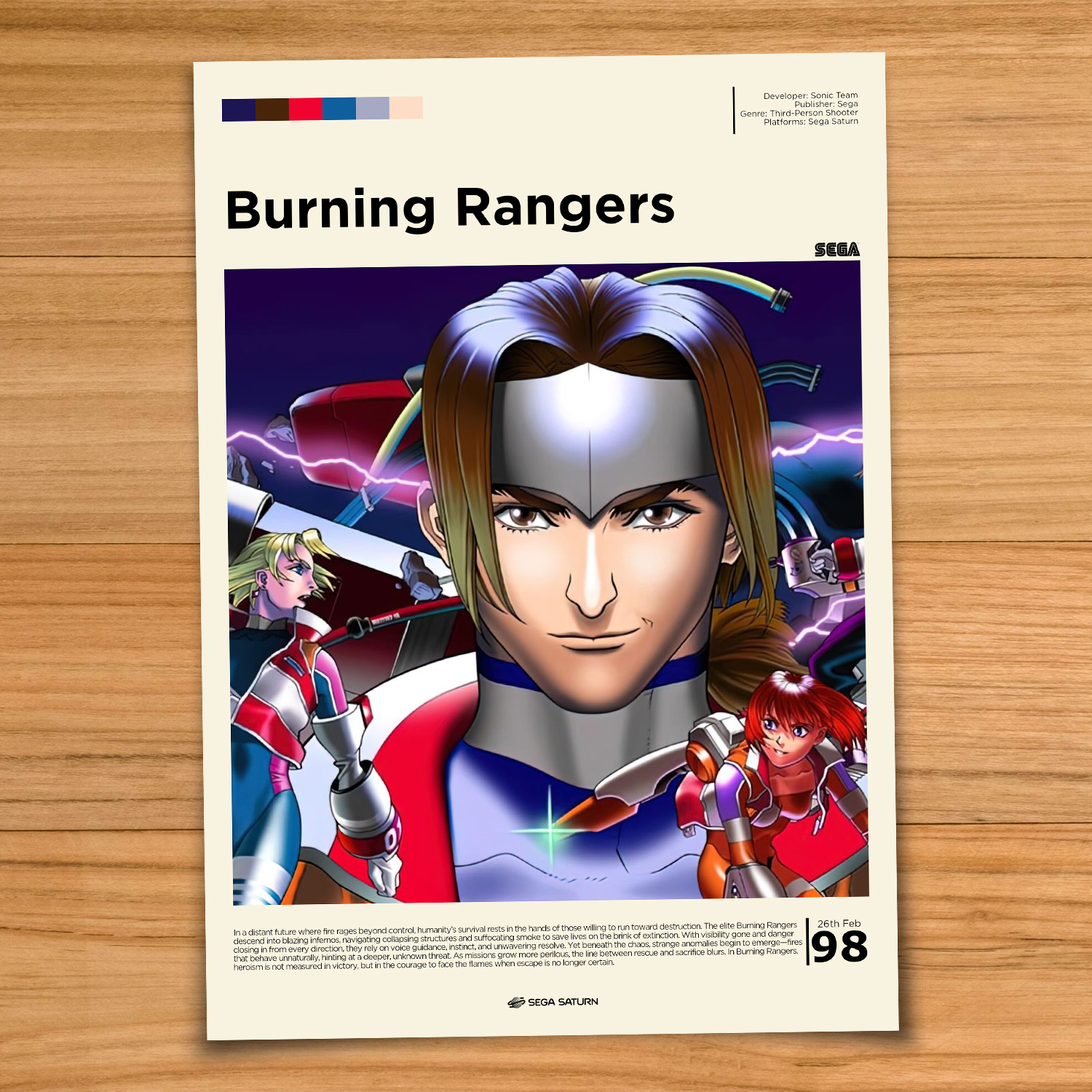 Gallery-style Burning Rangers poster on a wood table background