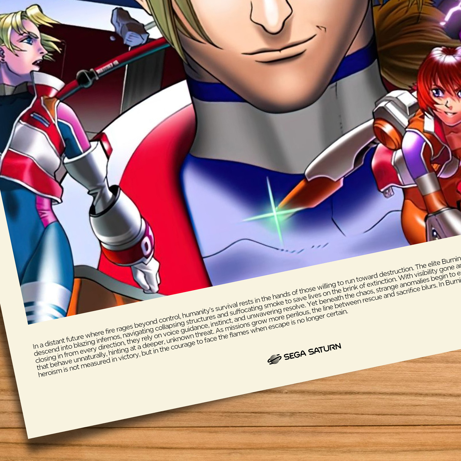Gallery-style Burning Rangers poster on a wood table background