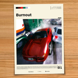 Gallery-style Burnout poster on a wood table background