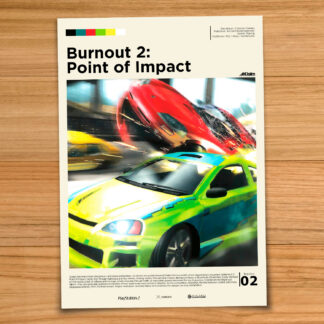 Gallery-style Burnout 2: Point of Impact poster on a wood table background