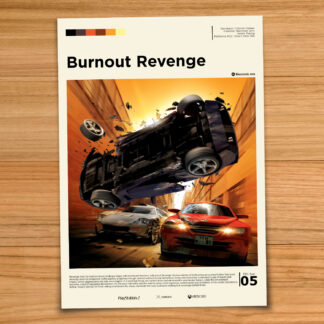 Gallery-style Burnout Revenge poster on a wood table background