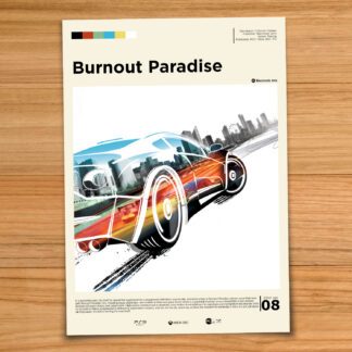 Gallery-style Burnout Paradise poster on a wood table background