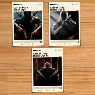 Black Ops poster set, including Call of Duty Black Ops, Black Ops 2 and Black Ops 3 on a wood table background