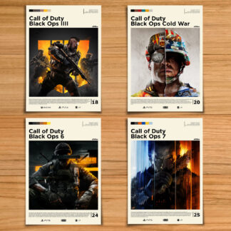 Black Ops poster set, including Call of Duty Black Ops 4, Black Ops Cold War, Black Ops 6 and Black Ops 7 on a wood table background