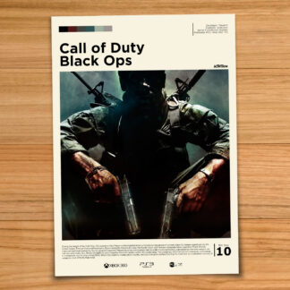 Gallery-style Call of Duty Black Ops poster on a wood table background