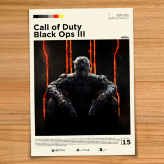 Gallery-style Call of Duty Black Ops 3 poster on a wood table background