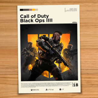 Gallery-style Call of Duty Black Ops 4 poster on a wood table background