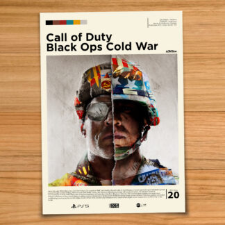 Gallery-style Call of Duty Black Ops Cold War poster on a wood table background