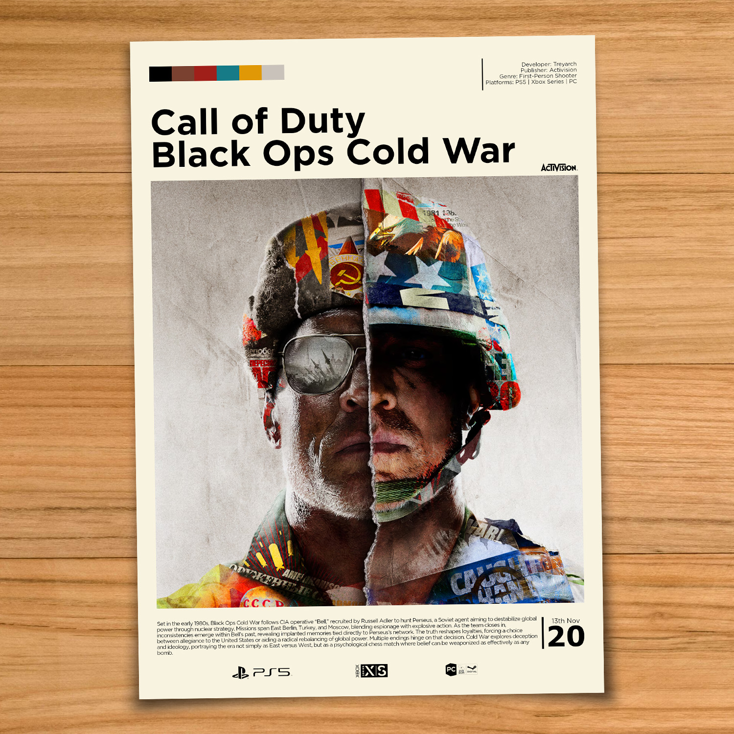 Gallery-style Call of Duty Black Ops Cold War poster on a wood table background