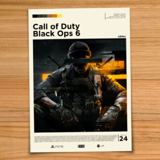 Gallery-style Call of Duty Black Ops 6 poster on a wood table background