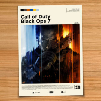 Gallery-style Call of Duty Black Ops 7 poster on a wood table background