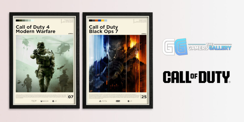 Framed Modern Warfare and Black Ops 7 Call of Duty posters with a COD logo and Gamers Gallery logo