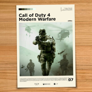 Gallery-style Call of Duty Modern Warfare poster on a wood table background