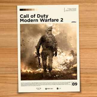 Gallery-style Call of Duty Modern Warfare 2 poster on a wood table background