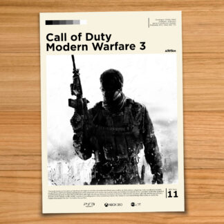 Gallery-style Call of Duty Modern Warfare 3 poster on a wood table background