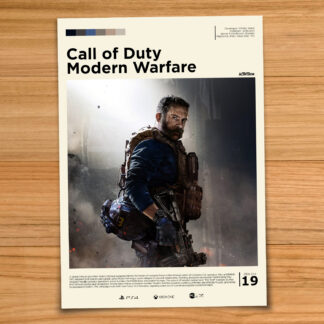 Gallery-style Call of Duty Modern Warfare 2019 poster on a wood table background