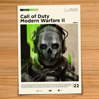 Gallery-style Call of Duty Modern Warfare 2 2022 poster on a wood table background