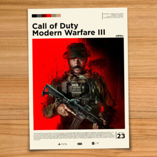 Gallery-style Call of Duty Modern Warfare 3 2023 poster on a wood table background