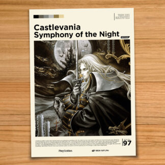 Gallery-style Castlevania Symphony of the Night poster on a wood table background
