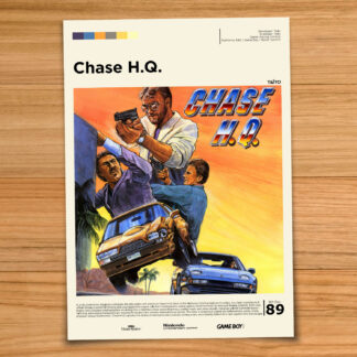 Gallery-style Chase HQ poster on a wood table background