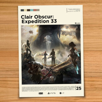 Gallery-style Clair Obscur: Expedition 33 poster on a wood table background