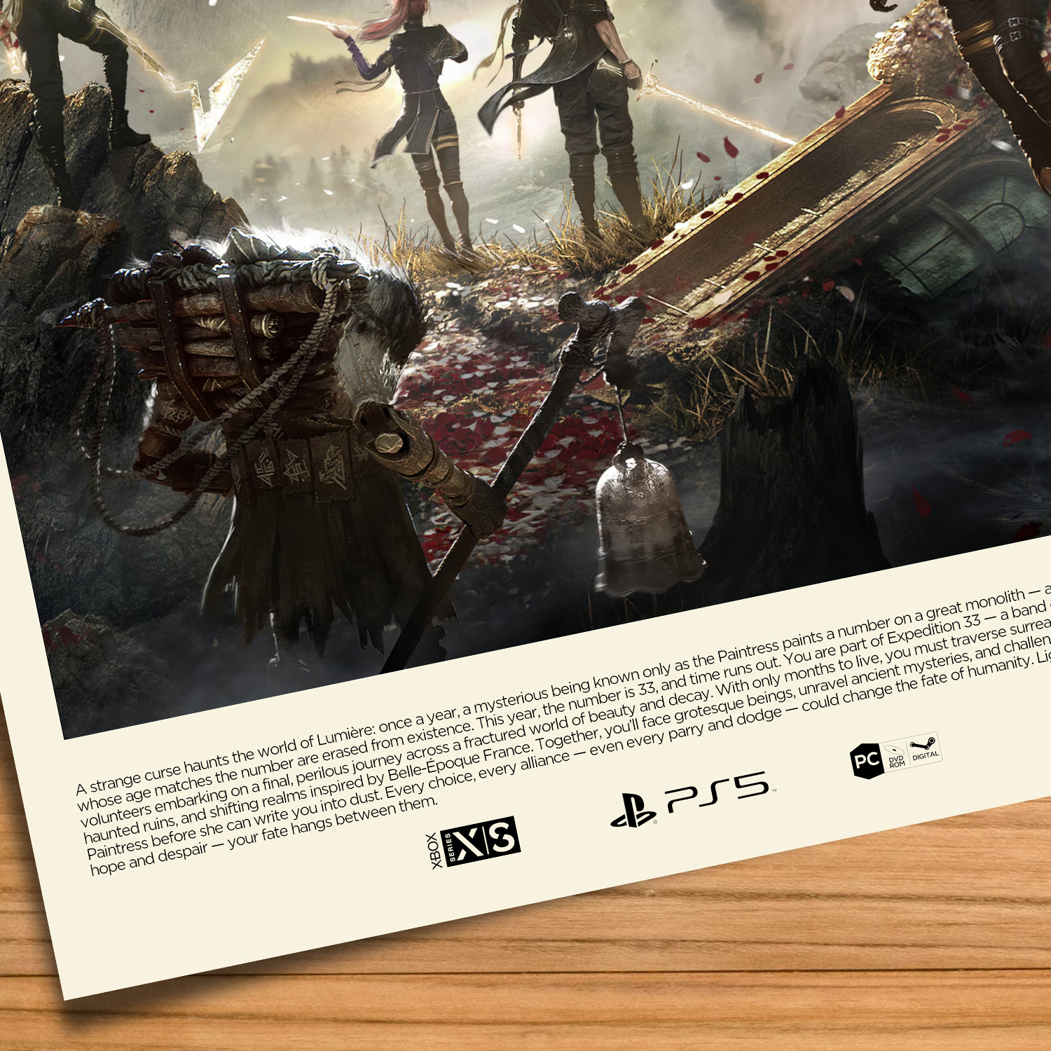 Gallery-style Clair Obscur: Expedition 33 poster on a wood table background