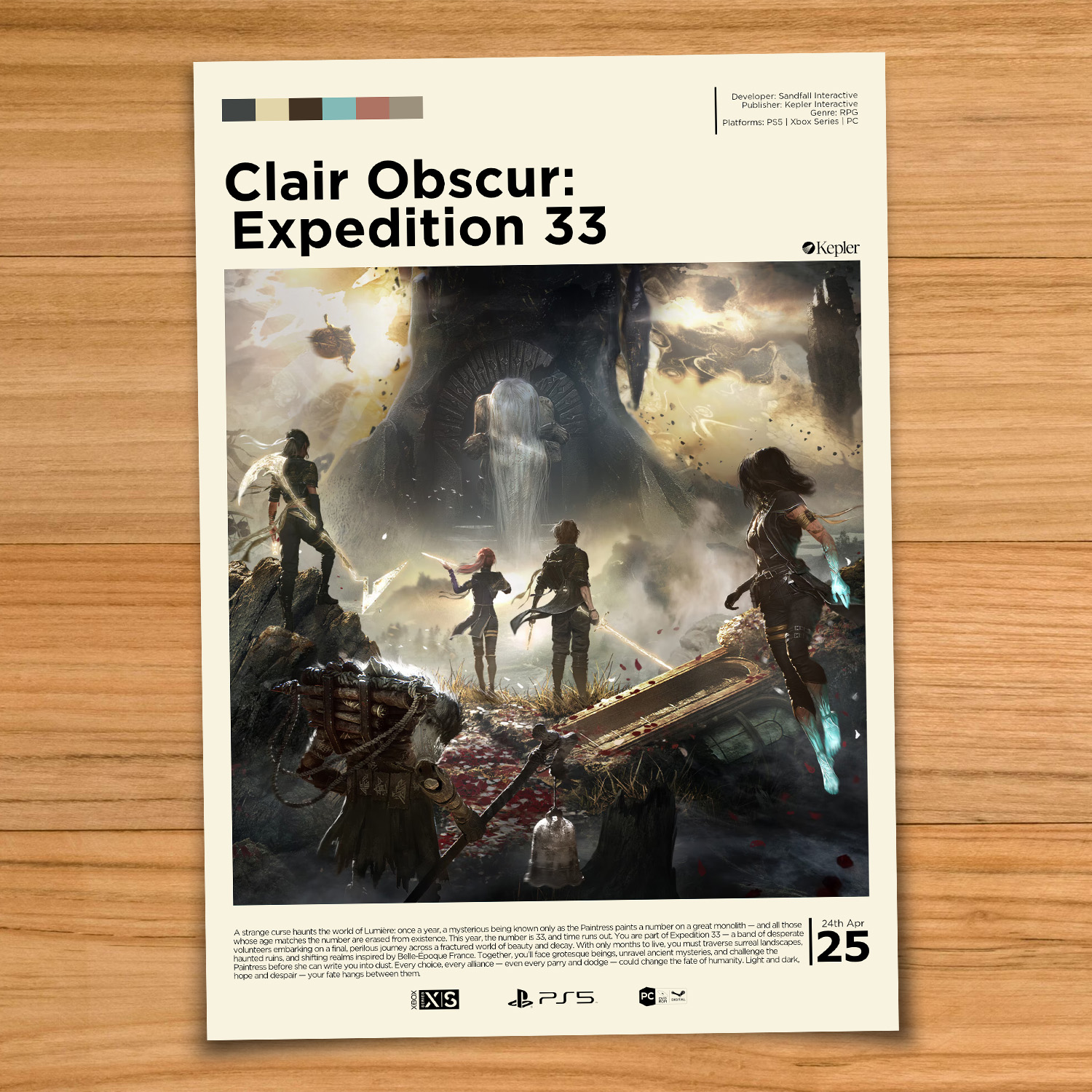 Gallery-style Clair Obscur: Expedition 33 poster on a wood table background