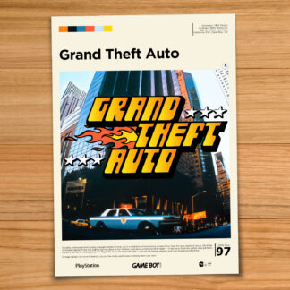 Gallery-style Grand Theft Auto GTA poster on a wood table background
