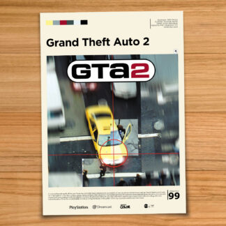 Gallery-style Grand Theft Auto 2 GTA 2 poster on a wood table background