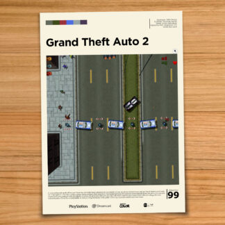 Minimalist, gallery-style GTA 2 gameplay poster on a wood table background