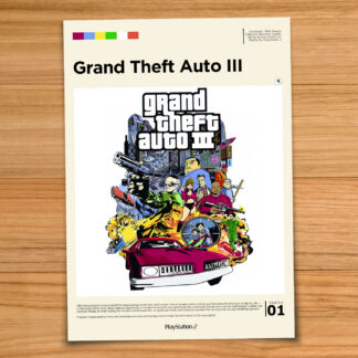 Gallery-style Grand Theft Auto 3 GTA 3 poster on a wood table background