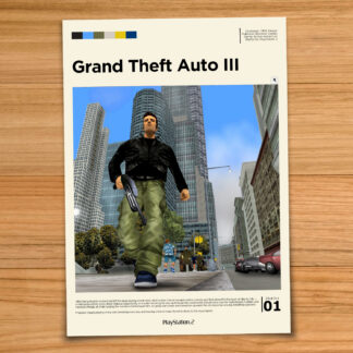 Minimalist, gallery-style GTA 3 poster on a wood table background
