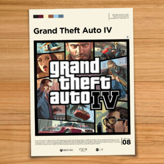 Gallery-style Grand Theft Auto 4 GTA 4 poster on a wood table background