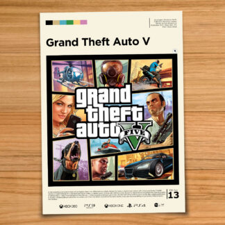 Gallery-style Grand Theft Auto 5 GTA 5 poster on a wood table background