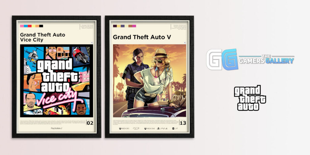 Framed GTA Vice City and GTA V Grand Theft Auto posters with a GTA logo and Gamers Gallery logo