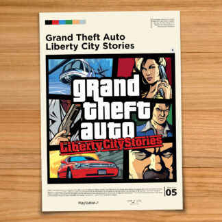 Gallery-style Grand Theft Auto GTA Liberty City Stories poster on a wood table background