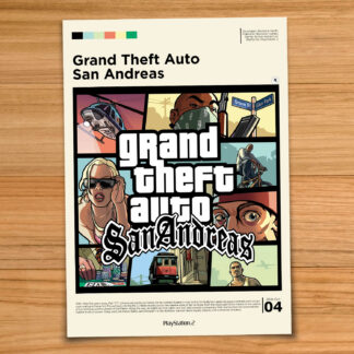 Gallery-style Grand Theft Auto San Andreas GTA San Andreas poster on a wood table background