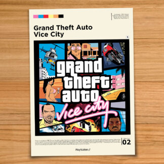 Gallery-style Grand Theft Auto Vice City GTA Vice City poster on a wood table background