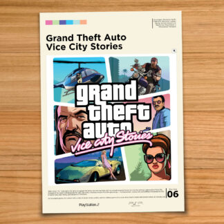Gallery-style Grand Theft Auto GTA Vice City Stories poster on a wood table background