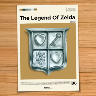 Gallery-style Legend of Zelda poster on a wood table background
