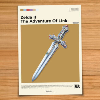 Gallery-style Zelda II poster on a wood table background