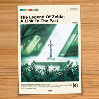Gallery-style Legend of Zelda: A Link to the Past poster on a wood table background