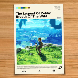 Gallery-style Legend of Zelda Breath of the Wild poster on a wood table background