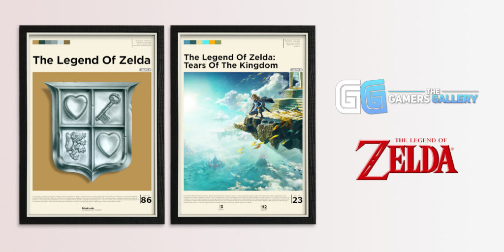 Framed Legend of Zelda and Tears of the Kingdom Legend of Zelda posters with a Zelda logo and Gamers Gallery logo