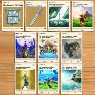 Legend of Zelda complete poster bundle, including Zelda, Zelda 2, A Link to the Past, Ocarina of Time, Majora's Mask, Wind Waker, Twilight Princess, Skyward Sword, Breath of the Wild and Tears of the Kingdom on a wood table background