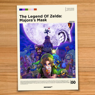 Gallery-style Legend of Zelda Majora's Mask poster on a wood table background