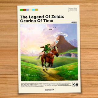Gallery-style Legend of Zelda Ocarina of Time poster on a wood table background