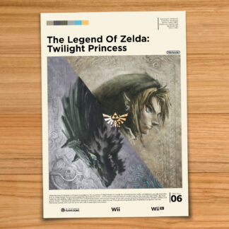 Gallery-style Legend of Zelda Twilight Princess poster on a wood table background