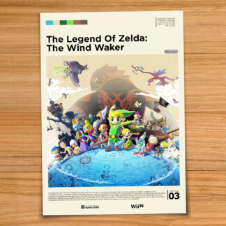 Gallery-style Legend of Zelda The Wind Waker poster on a wood table background